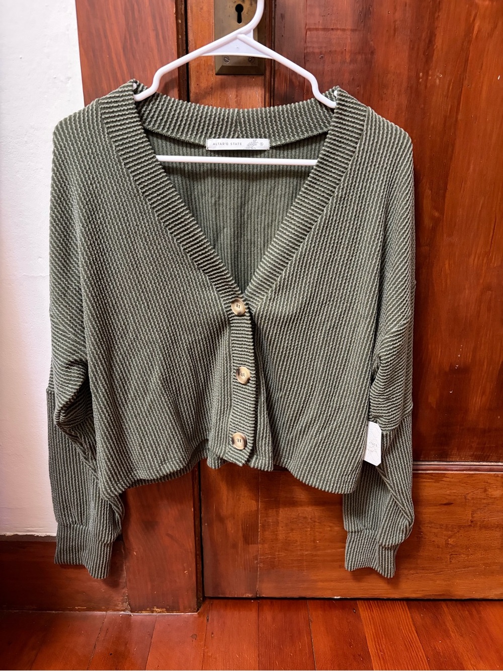 Cropped V-Neck Button Front Cardigan - Olive Green